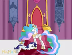 Size: 3900x2994 | Tagged: safe, artist:mamon10, banned from derpibooru, deleted from derpibooru, derpibooru import, princess celestia, rarity, derpibooru dnp artist, eyes closed, hoof kissing, image, jpeg, kissing, prone, throne room, uncomfortable