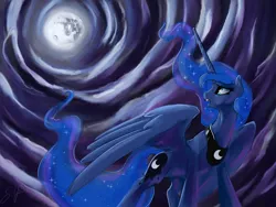 Size: 3000x2250 | Tagged: alicorn, artist:silfoe, cloud, cloudy, commission, derpibooru import, dream, dream walker luna, ethereal mane, eyelashes, female, horn, looking back, mare in the moon, moon, night, nightmare, open mouth, princess luna, safe, signature, solo, spread wings, wings