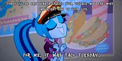 Size: 1280x646 | Tagged: safe, derpibooru import, edit, screencap, sonata dusk, equestria girls, rainbow rocks, but for me it was tuesday, eyes closed, grin, hat, image macro, m. bison, meme, smiling, solo, sonataco, street fighter, taco, taco tuesday, team captain