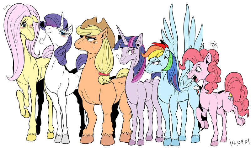 Size: 1773x1047 | Tagged: safe, artist:nekubi, derpibooru import, applejack, fluttershy, pinkie pie, rainbow dash, rarity, twilight sparkle, earth pony, horse, pegasus, pony, unicorn, bedroom eyes, blushing, confused, diverse body types, female, floppy ears, freckles, frown, glare, line-up, mane six, mare, nervous, nudity, open mouth, pixiv, question mark, raised hoof, raised leg, realistic, simple background, size difference, smiling, smirk, smoldash, spread wings, sweat, unshorn fetlocks, white background