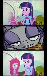 Size: 800x1280 | Tagged: safe, artist:foudubulbe, derpibooru import, edit, maud pie, pinkie pie, twilight sparkle, twilight sparkle (alicorn), equestria girls, rainbow rocks, bedroom eyes, grin, looking at you, pinkie sticks her face into the portal meme, portal, smiling, wat, when she smiles