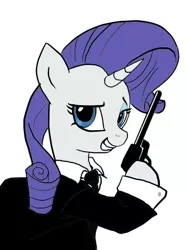 Size: 413x554 | Tagged: safe, derpibooru import, rarity, artifact, clothes, crossover, dexterous hooves, gun, solo, weapon, who needs trigger fingers