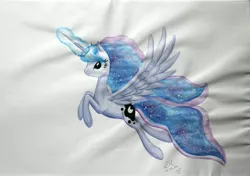 Size: 4541x3204 | Tagged: artist:ablm, derpibooru import, flying, magic, princess luna, safe, simple background, solo, traditional art, watercolor painting