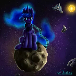 Size: 1500x1500 | Tagged: safe, artist:jedayskayvoker, derpibooru import, princess luna, alicorn, pony, armor, banishment, chained, chains, female, frown, lidded eyes, looking down, mare, missing accessory, moon, sad, sitting, solo, space, stars, stuck, sun, tangible heavenly object