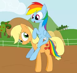 Size: 1102x1051 | Tagged: applejack, artist:hyolark, derpibooru import, piggyback ride, ponies riding ponies, rainbow dash, safe