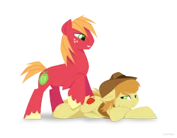 Size: 1280x1000 | Tagged: safe, artist:hoverrover, derpibooru import, big macintosh, braeburn, earth pony, pony, braemac, colored hooves, cowboy hat, cutie mark, floppy ears, gay, hat, hooves, incest, lineless, lying down, male, shipping, simple background, smiling, stallion, standing, teeth, transparent background