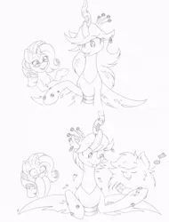 Size: 1216x1603 | Tagged: safe, artist:joey darkmeat, derpibooru import, queen chrysalis, rarity, oc, oc:fluffle puff, :p, alternate hairstyle, earring, eyes closed, fangs, frown, glasses, grin, long hair, makeover, monochrome, music notes, open mouth, shaving, shocked, short hair, sketch, smiling, tongue out, traditional art, underhoof, wide eyes