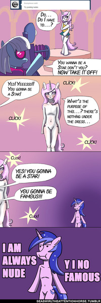 Size: 640x1920 | Tagged: suggestive, artist:peichenphilip, derpibooru import, fleur-de-lis, photo finish, sea swirl, seafoam, pony, barbie doll anatomy, belly button, bipedal, blushing, clothes, comic, embarrassed, embarrassed nude exposure, extortion, female, nude model, nudity, sea swirl the attention horse, skirt, tumblr, undressing, we don't normally wear clothes