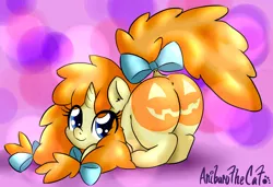 Size: 2046x1402 | Tagged: anus, artist:anibaruthecat, bodypaint, bow, cute, derpibooru import, female, foal, foalcon, food, looking at you, nudity, older, plot, pumpkin, pumpkin cake, simplistic anus, smiling, solo, solo female, suggestive