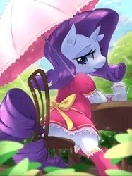 Size: 948x1268 | Tagged: safe, artist:aymint, derpibooru import, rarity, pony, semi-anthro, unicorn, bow, chair, clothes, dress, ear fluff, female, food, looking back, looking down, mare, open mouth, pixiv, sitting, socks, solo, table, tea, teacup, umbrella