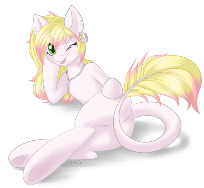 Size: 3209x2961 | Tagged: artist:styxlady, augmented tail, blank flank, derpibooru import, earring, featureless crotch, necklace, oc, oc:jennetics, original species, plot, ponysa, solo, strategically covered, suggestive, underhoof, unofficial characters only, wink