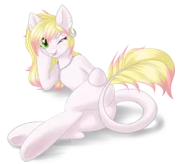 Size: 3209x2961 | Tagged: artist:styxlady, augmented tail, blank flank, derpibooru import, earring, featureless crotch, necklace, oc, oc:jennetics, original species, plot, ponysa, solo, strategically covered, suggestive, underhoof, unofficial characters only, wink