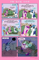 Size: 792x1224 | Tagged: artist:henbe, awesome furniture, bed, cider, comic, comic book, couch, derpibooru import, ice cream, peanut, princess cadance, safe, shining armor, this will end in weight gain