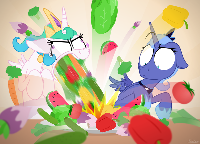 Size: 5000x3610 | Tagged: safe, artist:zutheskunk, derpibooru import, princess celestia, princess luna, absurd resolution, alfalfa monster, alternate hairstyle, broccoli, carrot, cucumber, derp, floppy ears, frown, fruit, leek, lettuce, not salmon, radish, raised eyebrow, regurgitation, s1 luna, shoop da whoop, short hair, tiara, tomato, vegetables, vomit, wat, watermelon, wide eyes