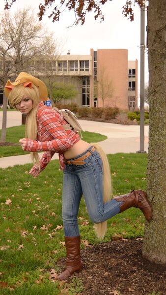 Size: 1233x2192 | Tagged: applejack, artist:bjonsie13, cosplay, derpibooru import, human, irl, irl human, midriff, photo, safe