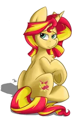 Size: 751x1084 | Tagged: safe, artist:luximus17, derpibooru import, sunset shimmer, pony, unicorn, chest fluff, female, looking at you, looking back, looking back at you, mare, rear view, simple background, sitting, solo, transparent background