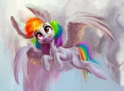 Size: 1366x1000 | Tagged: safe, artist:locksto, derpibooru import, edit, rainbow dash, pegasus, pony, cloud, female, flying, hoof fluff, impossibly large ears, looking at you, mare, silly, silly pony, sky, smiling, solo, tongue out, unshorn fetlocks