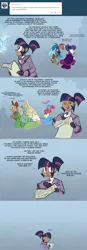 Size: 900x2594 | Tagged: applejack, artificial intelligence, artist:egophiliac, ask, blue background, comic, crystal, derpibooru import, dialogue, fluttershy, humanized, mane six, pinkie pie, rainbow dash, rarity, robot, safe, simple background, spike, steampunk, steamquestria, tumblr, twilight sparkle