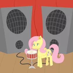 Size: 1000x1000 | Tagged: artist:elslowmo, cork, derpibooru import, drums, drumsticks, ear plugs, fluttershy, mlpgdraws, mouth hold, safe, snare drum, speakers