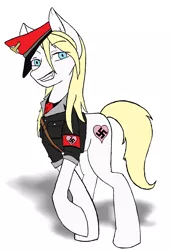 Size: 1172x1726 | Tagged: artist:discrete turtle, blonde, clothes, derpibooru import, edit, female, hat, heart, /mlp/, /mlpol/, nazi, oc, oc:aryanne, /pol/, safe, sharp teeth, smiling, solo, swastika, tall, unofficial characters only, vicious