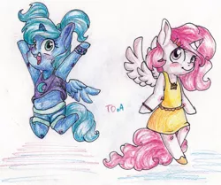 Size: 965x808 | Tagged: alicorn, anthro, artist:theorderofalisikus, blushing, bracelet, cewestia, cheering, clothes, cute, derpibooru import, dress, duo, eyelashes, filly, happy, jewelry, jumping, looking at you, lunabetes, open mouth, pencil drawing, ponytail, princess celestia, princess luna, safe, shirt, shorts, smiling, spread wings, traditional art, unguligrade anthro, woona, younger