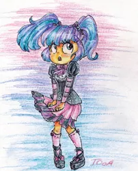 Size: 788x976 | Tagged: safe, artist:theorderofalisikus, derpibooru import, pixel pizazz, equestria girls, rainbow rocks, clothes, cute, open mouth, skirt, solo, traditional art