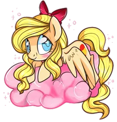 Size: 749x785 | Tagged: safe, artist:suzuii, derpibooru import, ponified, pegasus, pony, aino minako, blushing, bow, cloud, cute, looking at you, prone, sailor venus, simple background, smiling, solo, sparkles, spread wings, transparent background, weapons-grade cute