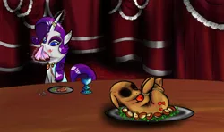 Size: 946x560 | Tagged: apple, applejack, artist:yuset, blood, cannibalism, cooked, cooking vore, corpse, dead, death, dinner, fetish, food, gore, grimdark, guro, hogtied, horse meat, meat, pony as food, rarity, vore