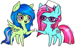 Size: 1329x838 | Tagged: safe, artist:ponymonster, derpibooru import, oc, oc:pixel perfect, oc:sea blossom, unofficial characters only, pegasus, pony, unicorn, glasses, hoofbump, simple background, transparent background