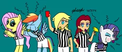 Size: 1256x541 | Tagged: safe, artist:pheeph, derpibooru import, fluttershy, rainbow dash, rarity, ><, american football, blowing, blowing whistle, blushing, clothes, crossover, cute, dashabetes, dodgeball, donkey kong series, eyes closed, football, pauline, puffy cheeks, rainblow dash, raribetes, red face, referee, referee rainbow dash, referee rarity, rosalina, shorts, shyabetes, solo, sports, super mario bros., super mario galaxy, whistle, whistle necklace