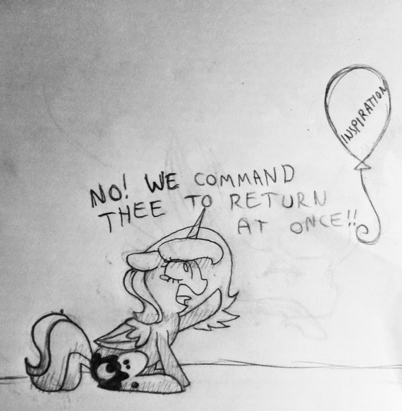 Size: 867x888 | Tagged: artist:breadcipher, balloon, crying, cute, derpibooru import, dialogue, filly, floppy ears, lunadoodle, monochrome, princess loonya, princess luna, s1 luna, safe, sketch, solo, traditional art, traditional royal canterlot voice, woona