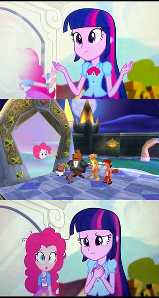 Size: 413x775 | Tagged: safe, derpibooru import, edit, screencap, pinkie pie, twilight sparkle, twilight sparkle (alicorn), equestria girls, rainbow rocks, meme, pinkie sticks her face into the portal meme, spyro the dragon