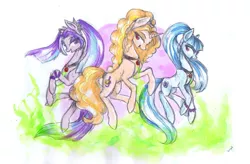 Size: 6272x4121 | Tagged: dead source, safe, artist:alicjaspring, derpibooru import, adagio dazzle, aria blaze, sonata dusk, ponified, earth pony, pony, unicorn, equestria girls, absurd resolution, equestria girls ponified, female, gem, mare, siren gem, the dazzlings, traditional art, trio