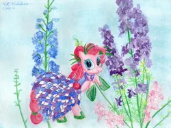Size: 3563x2667 | Tagged: artist:kelseyleah, clothes, derpibooru import, dress, flower, pinkie pie, safe, solo, traditional art