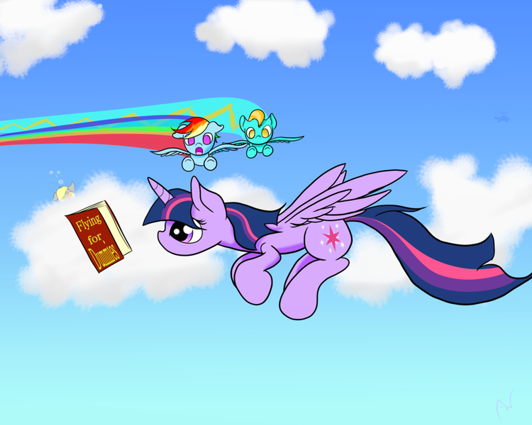 Size: 1024x819 | Tagged: safe, artist:arcuswind, derpibooru import, derpy hooves, lightning dust, rainbow dash, tank, twilight sparkle, twilight sparkle (alicorn), alicorn, pegasus, pony, book, bubble, cloud, cloudy, contrail, female, flying, mare, open mouth, reading, speed trail, this will end in pain, this will end in tears