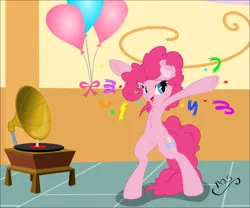 Size: 981x815 | Tagged: safe, artist:dfectivedvice, artist:midnightblitzz, derpibooru import, pinkie pie, earth pony, pony, balloon, bipedal, chest fluff, confetti, cute, ear fluff, female, mare, party, smiling, solo, streamers, underhoof