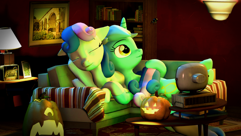 Size: 5760x3240 | Tagged: safe, artist:drdicksamazingstick, derpibooru import, bon bon, lyra heartstrings, sweetie drops, 3d, absurd resolution, couch, female, jack-o-lantern, lesbian, lyrabon, shipping, sleeping, source filmmaker