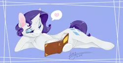 Size: 2560x1325 | Tagged: safe, artist:lionylioness, derpibooru import, rarity, book, heart, reading, solo