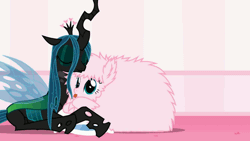 Size: 640x360 | Tagged: safe, artist:mixermike622, derpibooru import, edit, queen chrysalis, oc, oc:fluffle puff, changeling, changeling queen, pony, :p, animated, bipedal, canon x oc, chrysipuff, cuddling, eyes closed, female, get out, gif, graceful, image macro, lesbian, mare, meme, pillow, pillow fight, prone, reaction image, shipping, smiling, snuggling, throwing, tongue out, vulgar