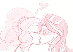 Size: 821x583 | Tagged: dead source, safe, artist:deadiifoozgo, derpibooru import, adagio dazzle, sunset shimmer, equestria girls, rainbow rocks, blushing, female, kissing, lesbian, monochrome, shipping, simple background, sketch, sunsagio, white background