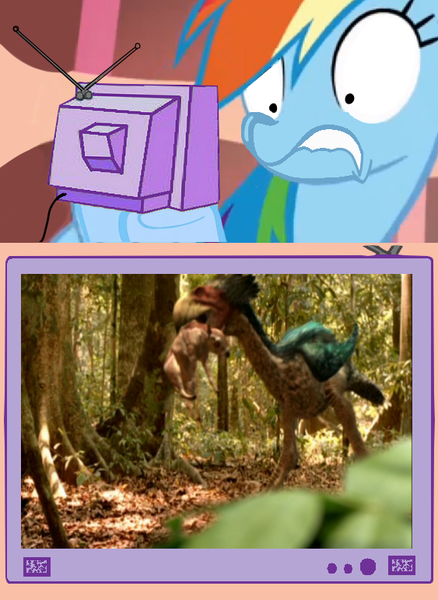 Size: 563x771 | Tagged: derpibooru import, exploitable meme, gastornis, meme, obligatory pony, propalaeotherium, rainbow dash, safe, tv meme, walking with beasts