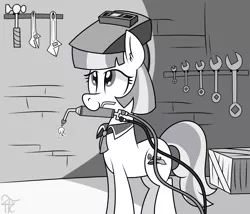 Size: 1272x1090 | Tagged: artist:wildberry-poptart, blowtorch, coco pommel, derpibooru import, grayscale, hammer, implied hammers, mechanic, monochrome, mouth hold, safe, solo, tools, welding mask, wrench