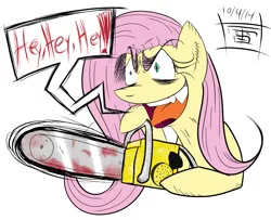 Size: 1413x1147 | Tagged: artist:thethunderpony, blood, chainsaw, derpibooru import, fluttershed, fluttershy, insanity, .mov, semi-grimdark, shed.mov, solo