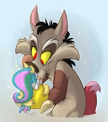 Size: 917x1029 | Tagged: safe, artist:thedoggygal, derpibooru import, discord, princess celestia, bird, cat, birdified, boop, catified, crossover, fangs, frown, holding, looney tunes, open mouth, scared, smirk, species swap, sylvester, tongue out, tweety bird, wide eyes