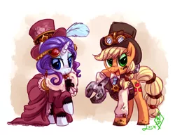 Size: 1280x981 | Tagged: safe, artist:whitediamonds, derpibooru import, applejack, rarity, clothes, dirty, dress, feather, female, goggles, hat, jewelry, lesbian, looking at you, mud, open mouth, rarijack, rarijack daily, shipping, steampunk, tumblr, wrench