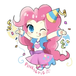 Size: 600x600 | Tagged: safe, artist:kaede benkyoo-chou, derpibooru import, pinkie pie, human, equestria girls, colored pupils, confetti, cute, diapinkes, female, hat, human coloration, humanized, one eye closed, party hat, pixiv, simple background, solo, tongue out, transparent, transparent background, wink