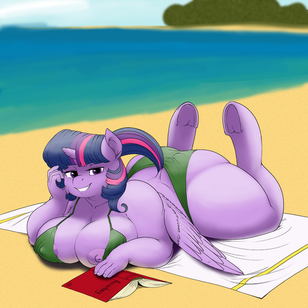 Size: 900x900 | Tagged: questionable, artist:hazama, artist:kevinsano, derpibooru import, edit, twilight sparkle, twilight sparkle (alicorn), anthro, unguligrade anthro, areola, bbw, beach, bedroom eyes, big breasts, bikini, book, breasts, busty twilight sparkle, chubby, clothes, colored, dock, fat, female, nipple slip, nipples, nudity, princess thighlight, prone, solo, solo female, swimsuit, the ass was fat, thighlight sparkle, towel, twilard sparkle, twilight has a big ass, underhoof