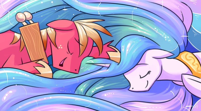 Size: 3700x2052 | Tagged: safe, artist:gsphere, derpibooru import, big macintosh, princess celestia, earth pony, pony, dat mane, eyes closed, female, freckles, long hair, male, open mouth, sleeping, sleeping macintosh daily, smiling, spread out hair, stallion