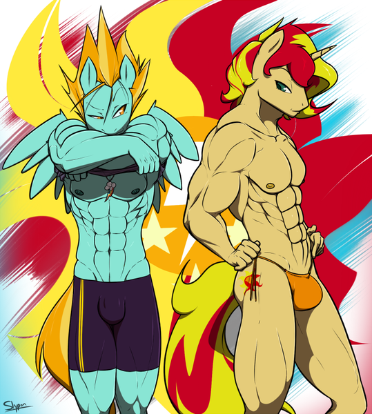 Size: 719x800 | Tagged: questionable, artist:slypon, derpibooru import, lightning dust, sunset shimmer, anthro, pegasus, unicorn, abs, adonis belt, bare chest, belly button, clothes, crotch bulge, cutie mark, lightning powder, male, males only, muscles, nipples, nudity, rule 63, shipping, sunset dust, sunset glare, sunset lifter, sunset powder, topless