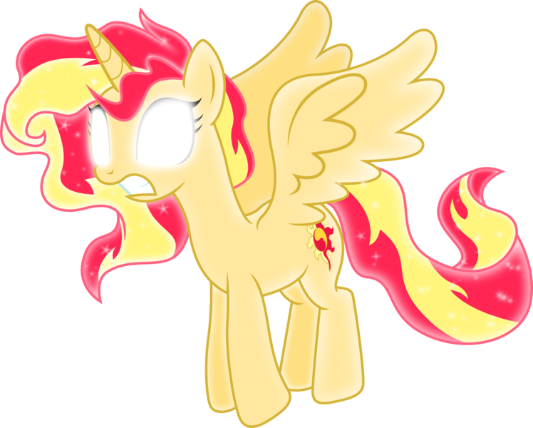 Size: 3739x3000 | Tagged: dead source, safe, artist:theshadowstone, derpibooru import, sunset shimmer, alicorn, pony, alicornified, alternate universe, ethereal mane, glowing eyes, race swap, shimmercorn, simple background, solo, super saiyan princess, transparent background, vector
